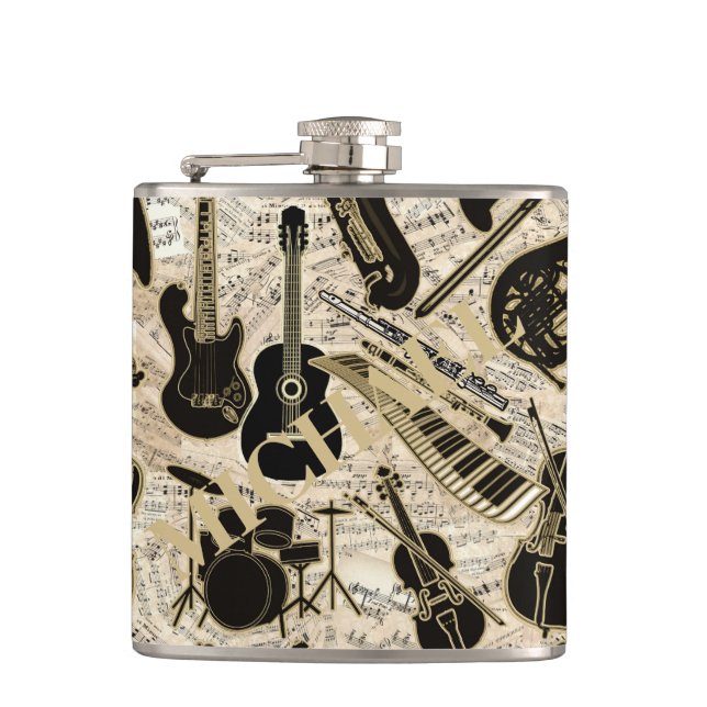 Sheet Music and Instruments Black/Gold ID481 Flask (Front)