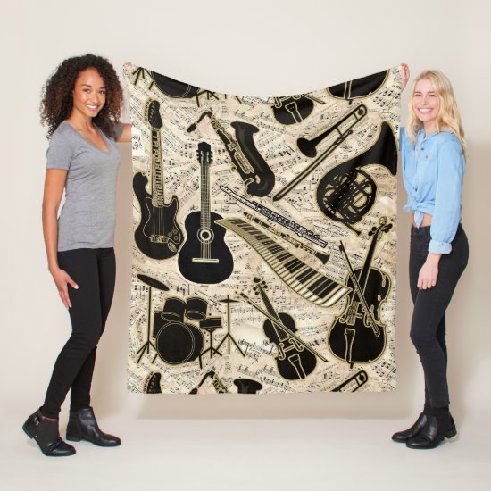Sheet Music and Instruments Black/Gold ID481 Fleece Blanket