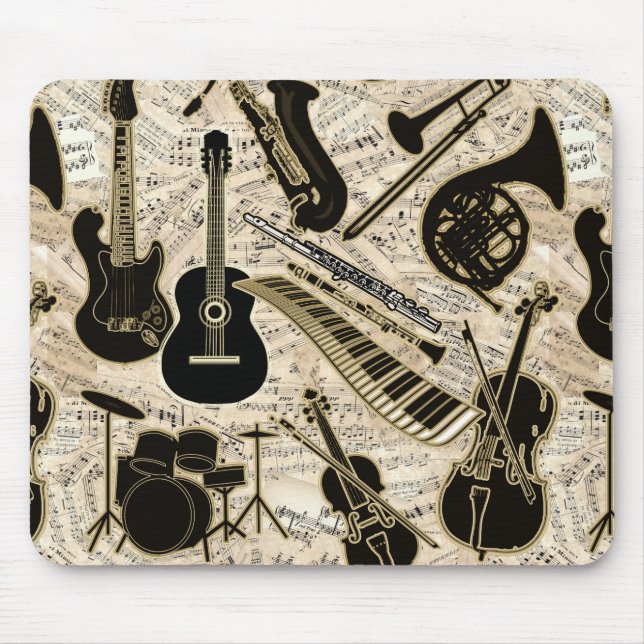 Sheet Music and Instruments Black/Gold ID481 Mouse Pad (Front)