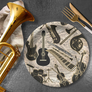 Sheet Music and Instruments Black/Gold ID481 Paper Plates