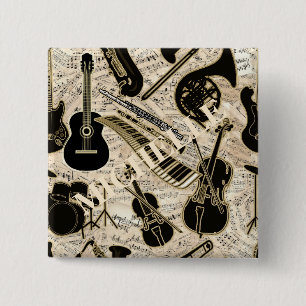Sheet Music and Instruments Black/Gold ID481 Pinback Button