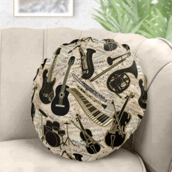 Sheet Music And Instruments Black/gold Id481 Round Pillow by arrayforhome at Zazzle