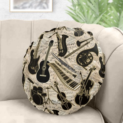 Sheet Music and Instruments BlackGold ID481 Round Pillow
