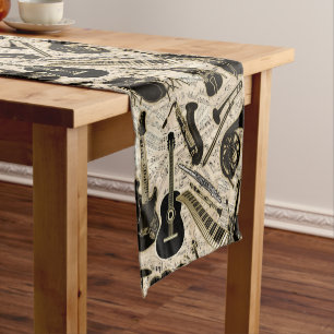 Sheet Music and Instruments Black/Gold ID481 Short Table Runner