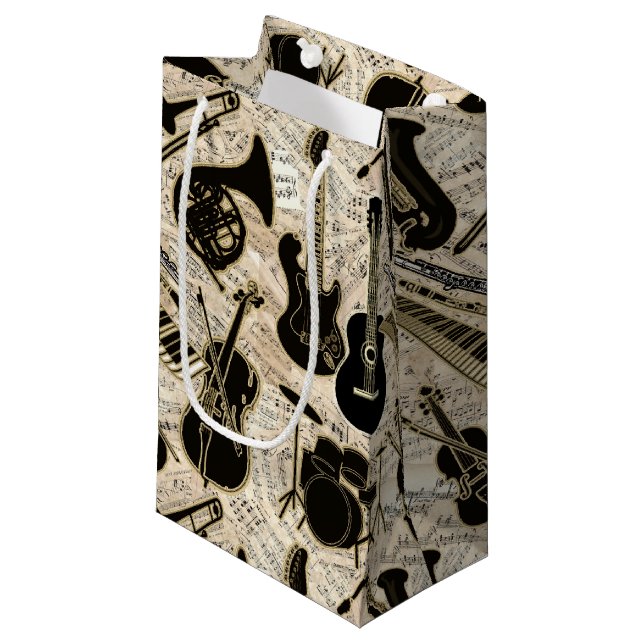 Sheet Music and Instruments Black/Gold ID481 Small Gift Bag (Front Angled)