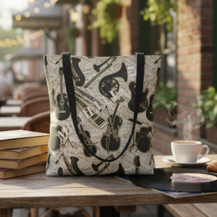 Sheet Music and Instruments Black/Gold ID481 Tote Bag