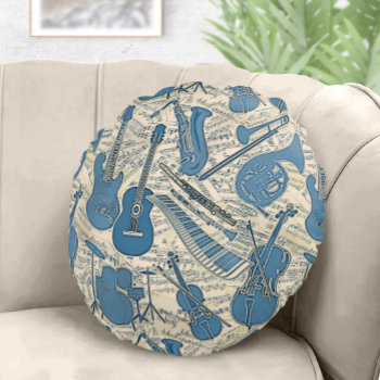 Sheet Music And Instruments Blue/ivory Id481 Round Pillow by arrayforhome at Zazzle
