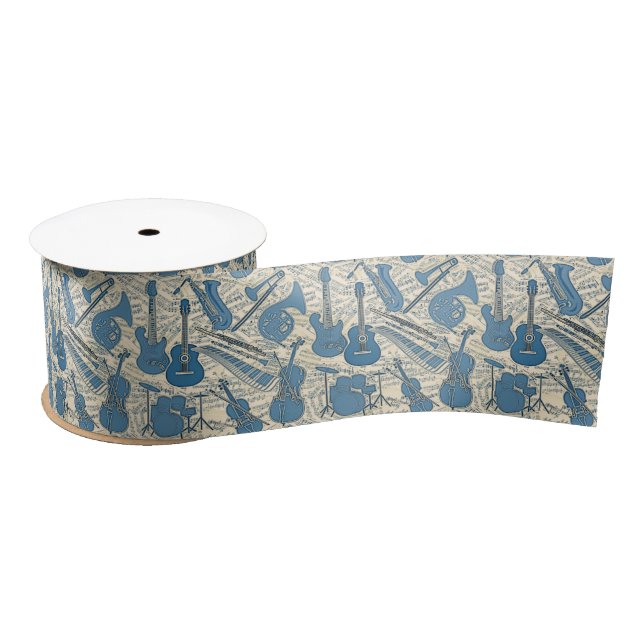 Sheet Music and Instruments Blue/Ivory ID481 Satin Ribbon (Spool)