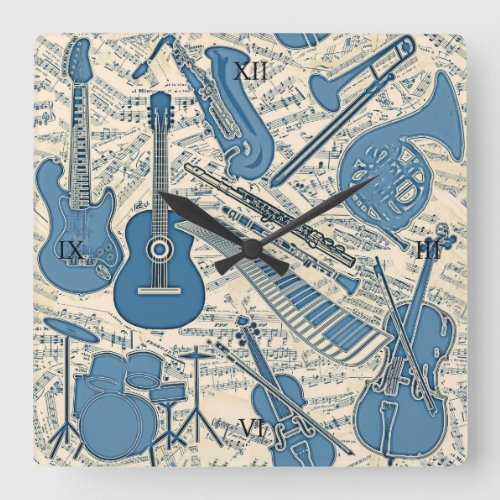 Sheet Music and Instruments BlueIvory ID481 Square Wall Clock