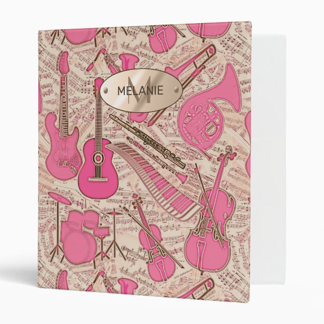 Sheet Music and Instruments Pink/Ivory ID481 3 Ring Binder (Front/Inside)