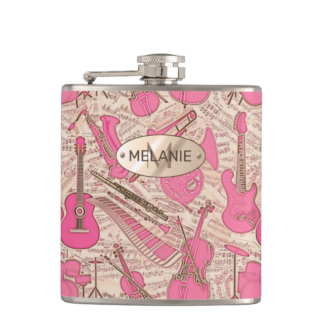 Sheet Music and Instruments Pink/Ivory ID481 Flask (Front)