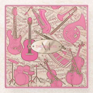 Sheet Music and Instruments Pink/Ivory ID481 Glass Coaster