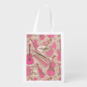 Sheet Music and Instruments Pink/Ivory ID481 Grocery Bag