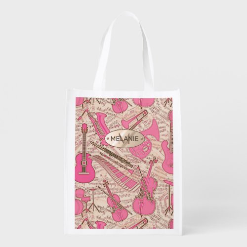 Sheet Music and Instruments PinkIvory ID481 Grocery Bag