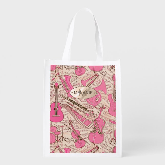 Sheet Music and Instruments Pink/Ivory ID481 Grocery Bag (Back)
