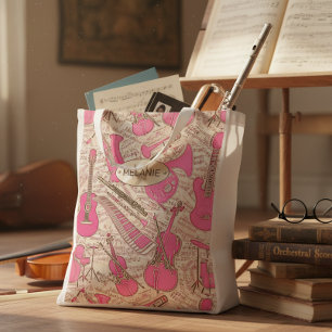 Sheet Music and Instruments Pink/Ivory ID481 Grocery Bag