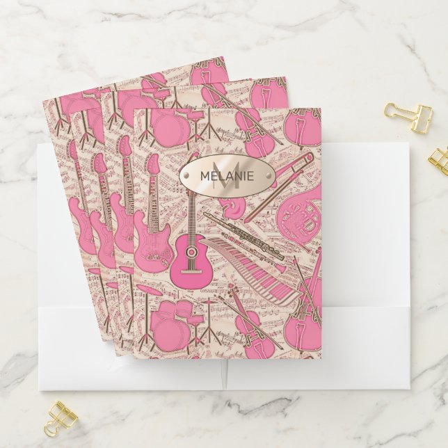 Sheet Music and Instruments Pink/Ivory ID481 Pocket Folder (In Situ)