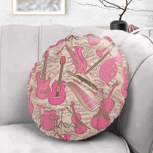 Sheet Music and Instruments PinkIvory ID481 Round Pillow