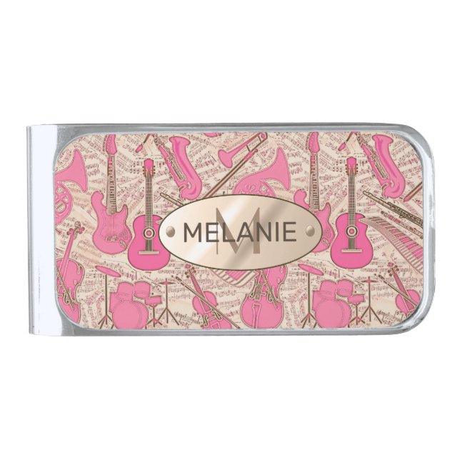 Sheet Music and Instruments Pink/Ivory ID481 Silver Finish Money Clip (Front)