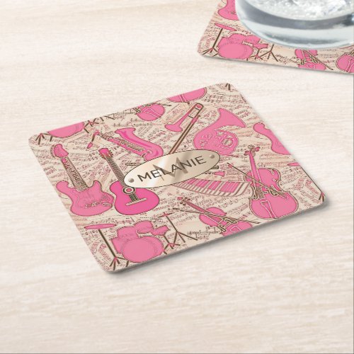 Sheet Music and Instruments PinkIvory ID481 Square Paper Coaster