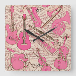 Sheet Music and Instruments Pink/Ivory ID481 Square Wall Clock