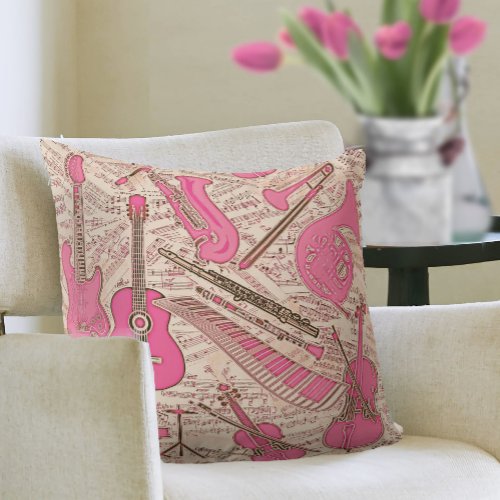 Sheet Music and Instruments PinkIvory ID481 Throw Pillow