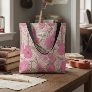 Sheet Music and Instruments Pink/Ivory ID481 Tote Bag