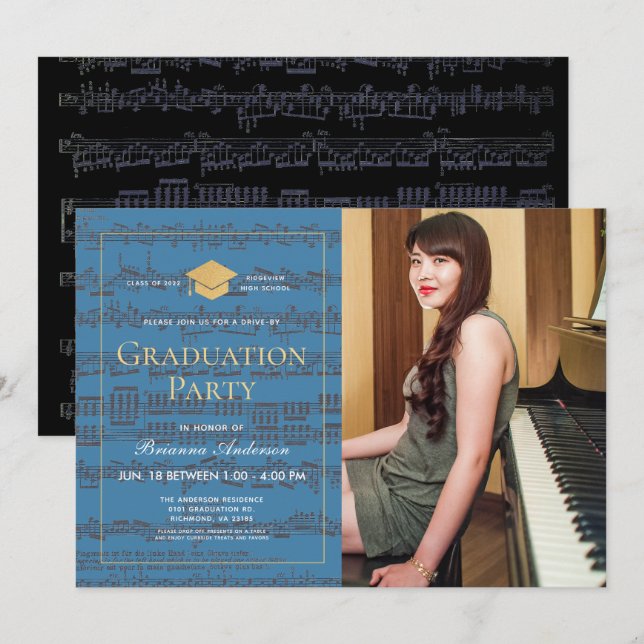 Sheet Music Blue Gold Photo Drive-by Graduation Invitation (Front/Back)