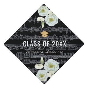 Sheet Music & Blue Gray Roses Elegant Graduation Cap Topper