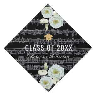 Sheet Music & Blue Gray Roses Elegant Graduation Cap Topper