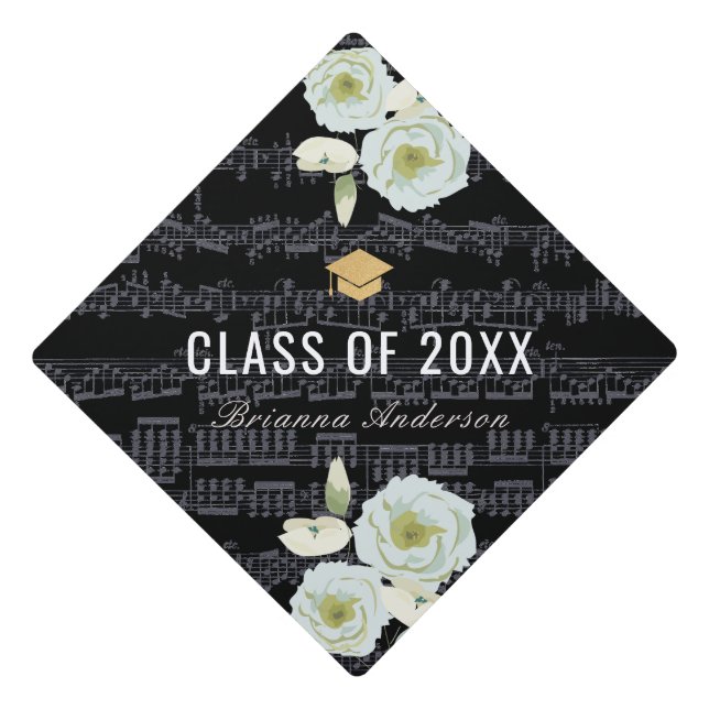 Sheet Music & Blue Gray Roses Elegant Graduation Cap Topper (Front)