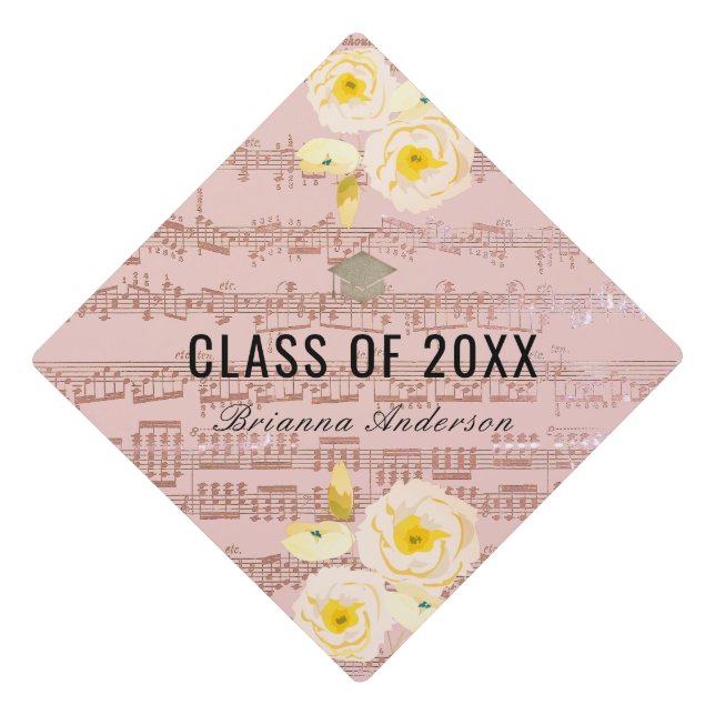 Sheet Music & Blue Gray Roses Pink Elegant Graduation Cap Topper (Front)