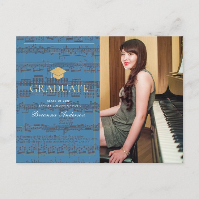 Sheet Music Blue Photo Graduation Announcement (Front)