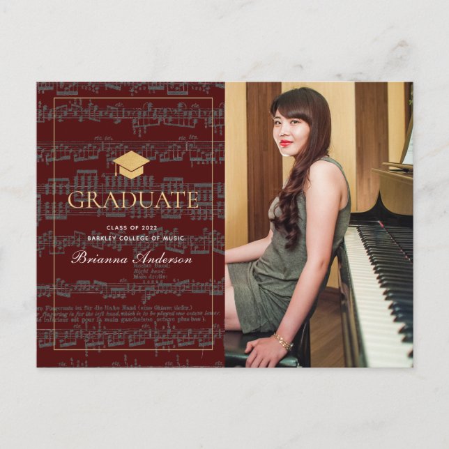 Sheet Music Burgundy Photo Graduation Announcement Postcard (Front)