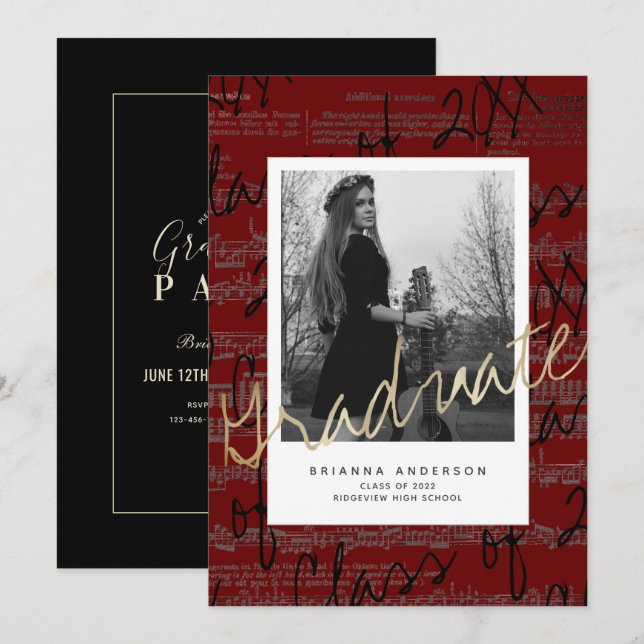 Sheet Music Burgundy Photo VIrtual Graduation Invitation (Front/Back)