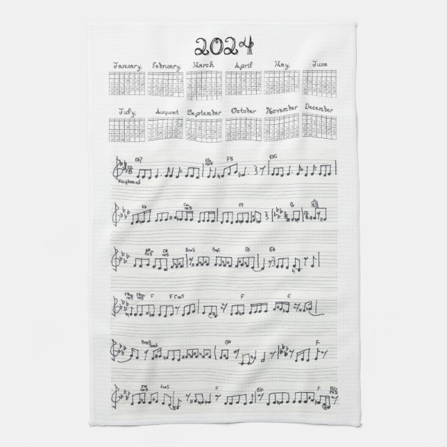 Sheet Music Fabric Font 2024 Calendar Kitchen Towel (Vertical)
