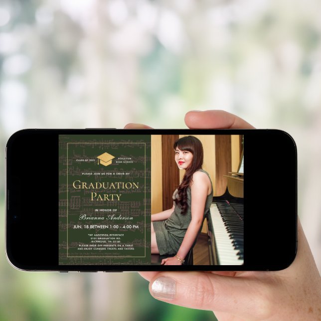Sheet Music Green Gold Photo Drive-by Graduation Invitation (Front Digital)