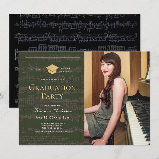 Sheet Music Green Gold Photo Graduation Party Invitation (Front/Back)