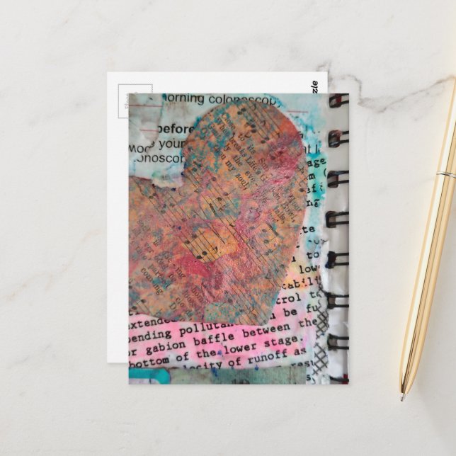 Sheet Music Heart Mixed Media Collage Postcard (Front/Back In Situ)