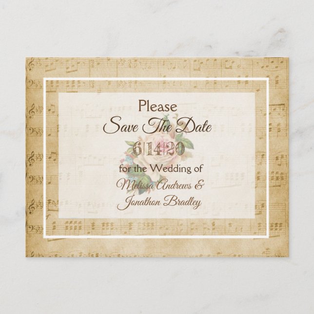 Sheet Music Pink rose Save the Date  Postcard (Front)