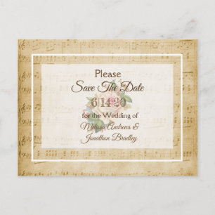 Sheet Music Pink rose Save the Date Postcard