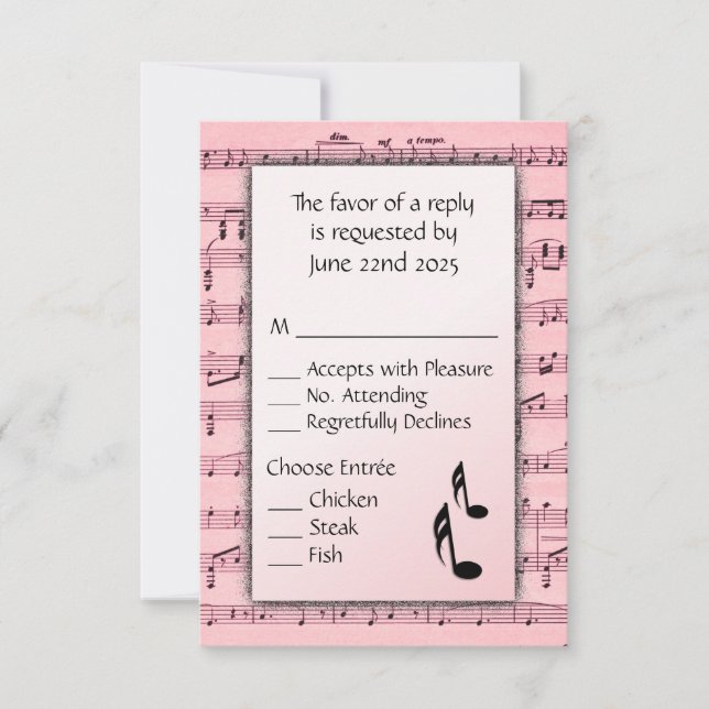 Sheet Music Pink RSVP Menu Choice (Front)