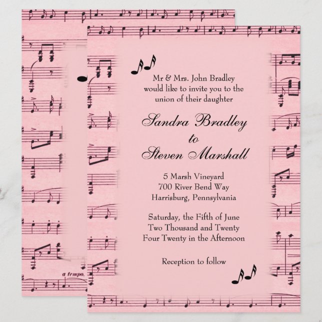 Sheet Music Pink Wedding Invitation (Front/Back)
