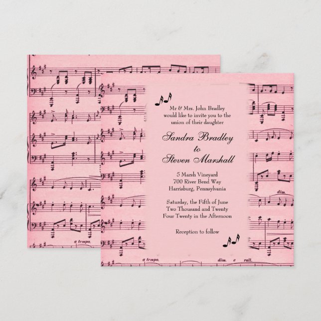Sheet Music Pink Wedding Invitation (Front/Back)