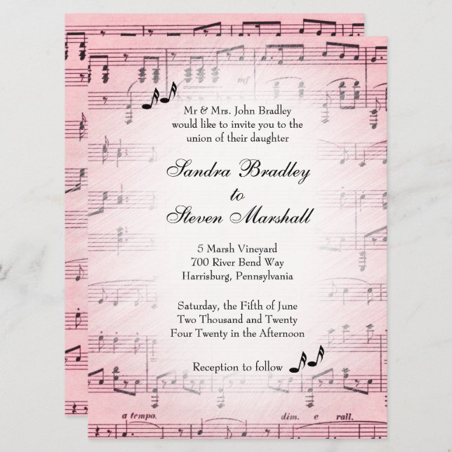 Sheet Music Pink Wedding Invitation 2 (Front/Back)