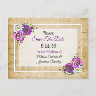 Sheet Music Purple Rose Save the Date Postcard
