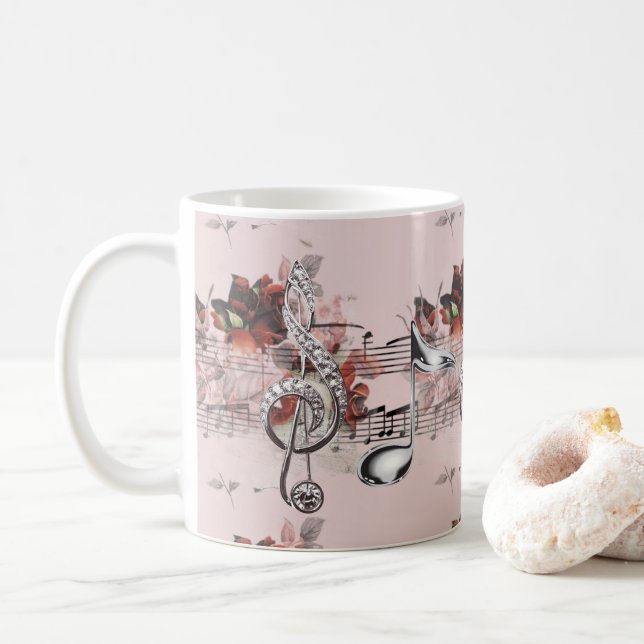 Sheet Music & Roses Silver Music Notes Coffee Mug (With Donut)