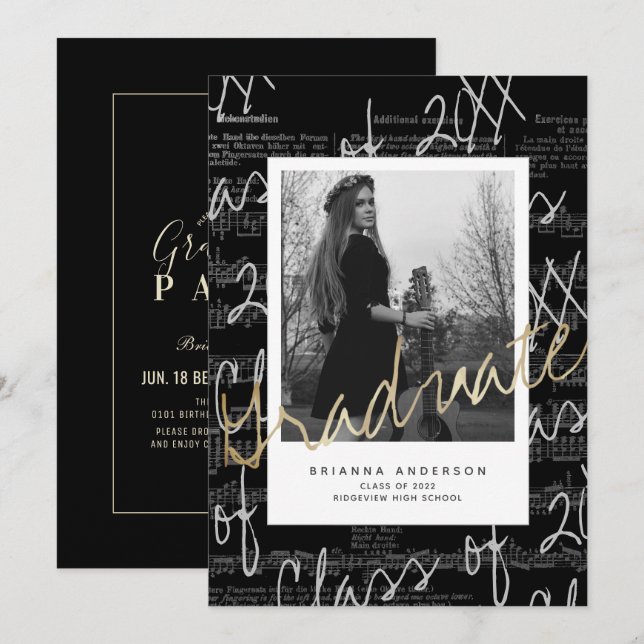 Sheet Music Script Black Photo Drive-by Graduation Invitation (Front/Back)