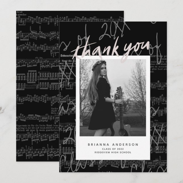 Sheet Music Script Blk Photo Graduation Thank You Invitation (Front/Back)