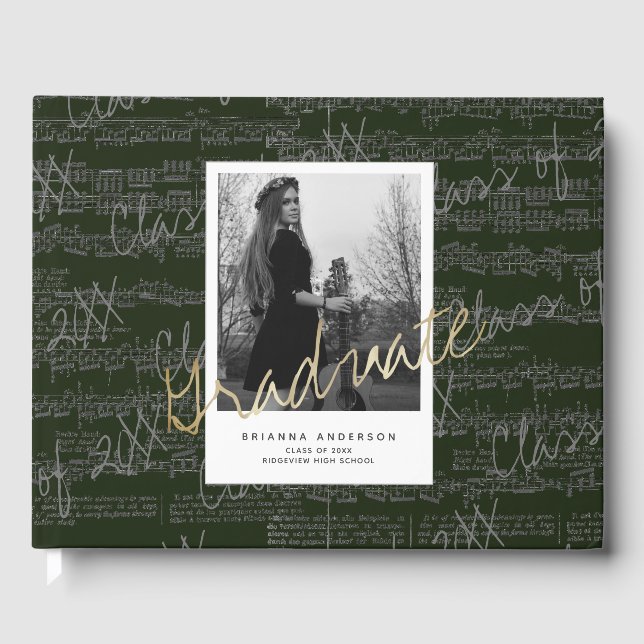 Sheet Music Script Green Graduation Guest Book (Front)